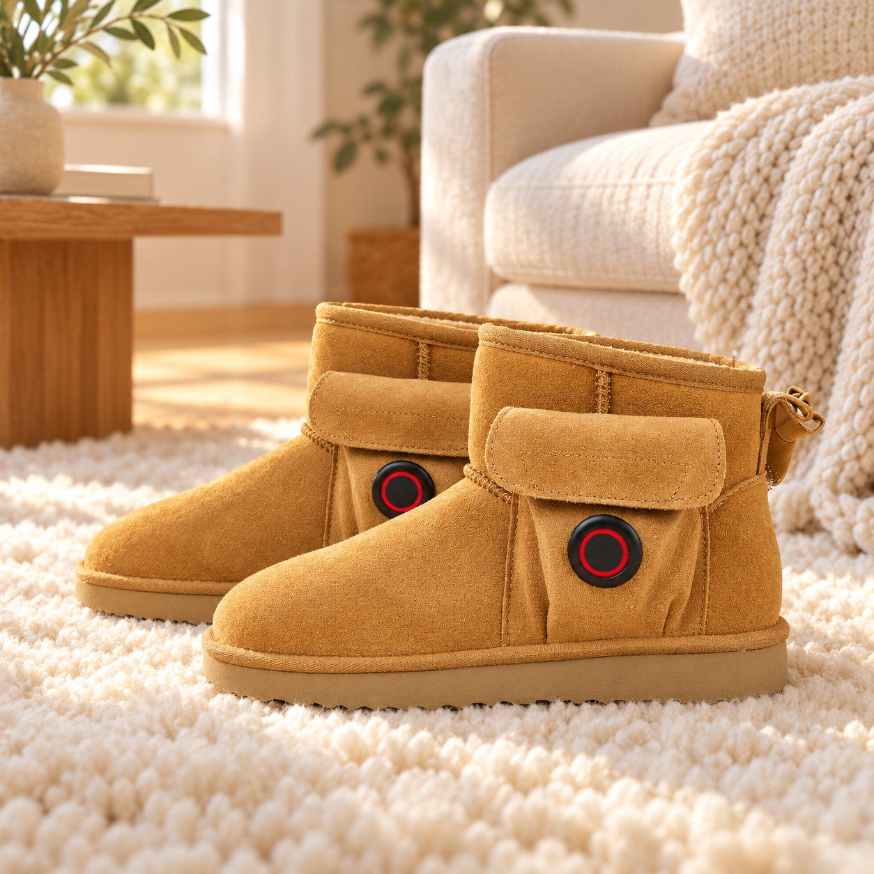 CozyStep boots beside a cream sofa